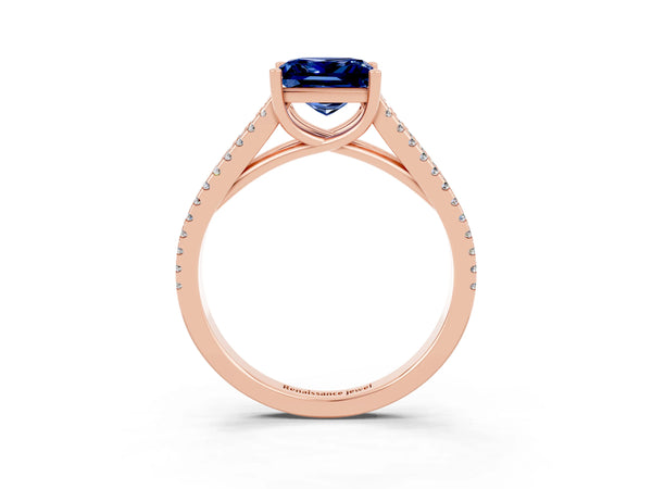 Rose gold Princess Cut Blue Sapphire Solitaire Engagement Ring with Split Shank Pavé Band