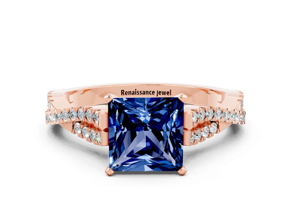 Rose gold Princess Cut Blue Sapphire Solitaire Engagement Ring with Twisted Pavé Band and Four-Prong Setting
