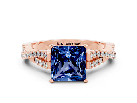 Rose gold Princess Cut Blue Sapphire Solitaire Engagement Ring with Twisted Pavé Band and Four-Prong Setting_12