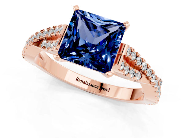 Rose gold Princess Cut Blue Sapphire Solitaire Engagement Ring with Twisted Pavé Band and Four-Prong Setting