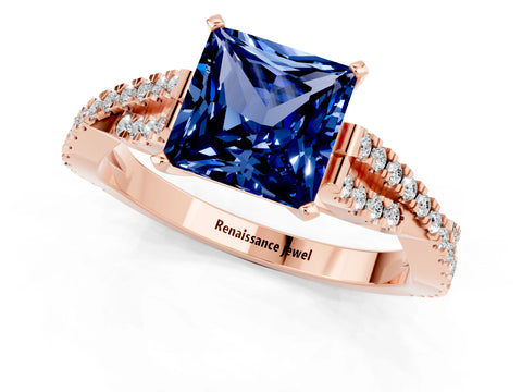 Rose gold Princess Cut Blue Sapphire Solitaire Engagement Ring with Twisted Pavé Band and Four-Prong Setting_13