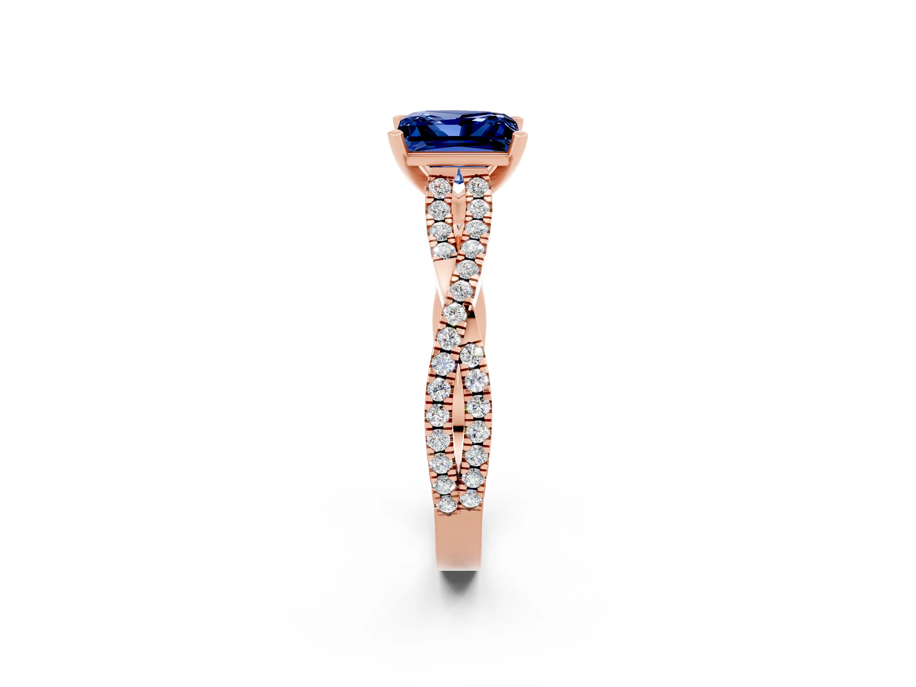 Rose gold Princess Cut Blue Sapphire Solitaire Engagement Ring with Twisted Pavé Band and Four-Prong Setting_14
