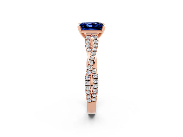 Rose gold Princess Cut Blue Sapphire Solitaire Engagement Ring with Twisted Pavé Band and Four-Prong Setting