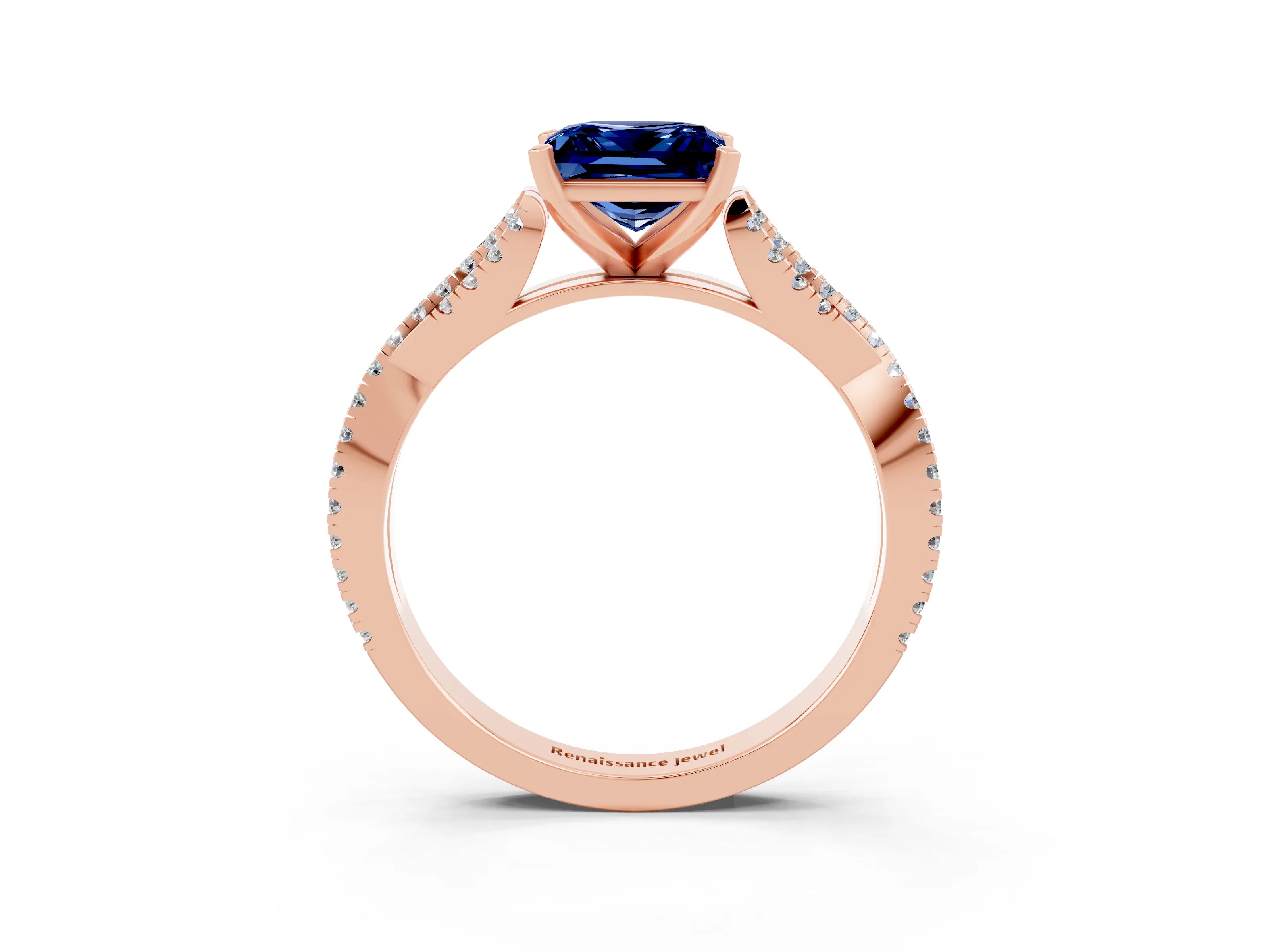 Rose gold Princess Cut Blue Sapphire Solitaire Engagement Ring with Twisted Pavé Band and Four-Prong Setting_15