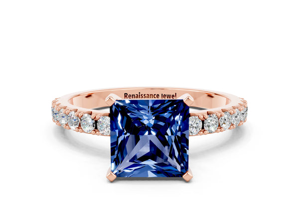 Rose gold Princess Cut Blue Sapphire Solitaire Pavé Band with Four-Prong Setting