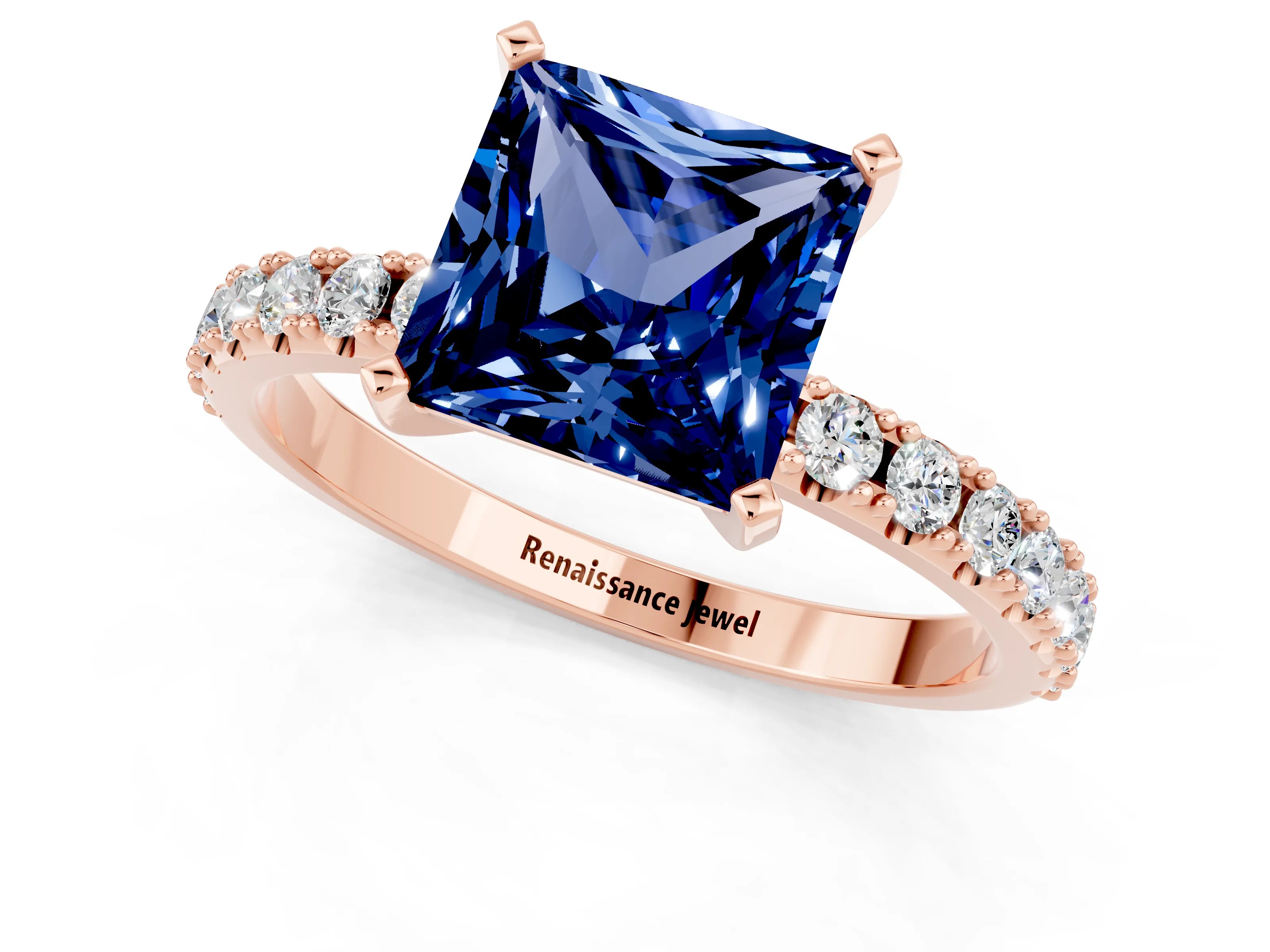 Rose gold Princess Cut Blue Sapphire Solitaire Pavé Band with Four-Prong Setting_1