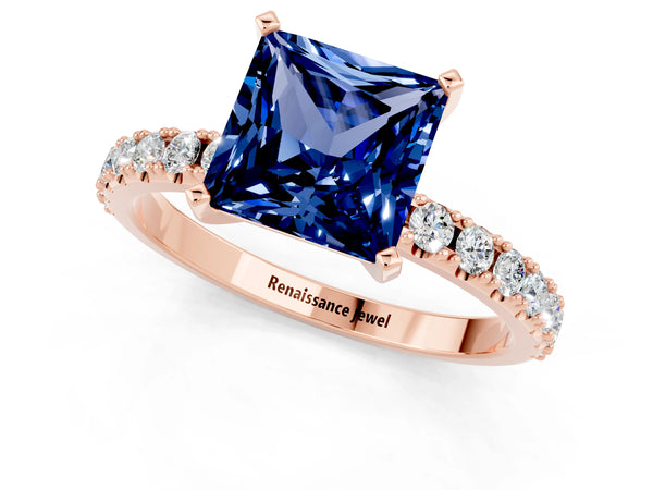 Rose gold Princess Cut Blue Sapphire Solitaire Pavé Band with Four-Prong Setting