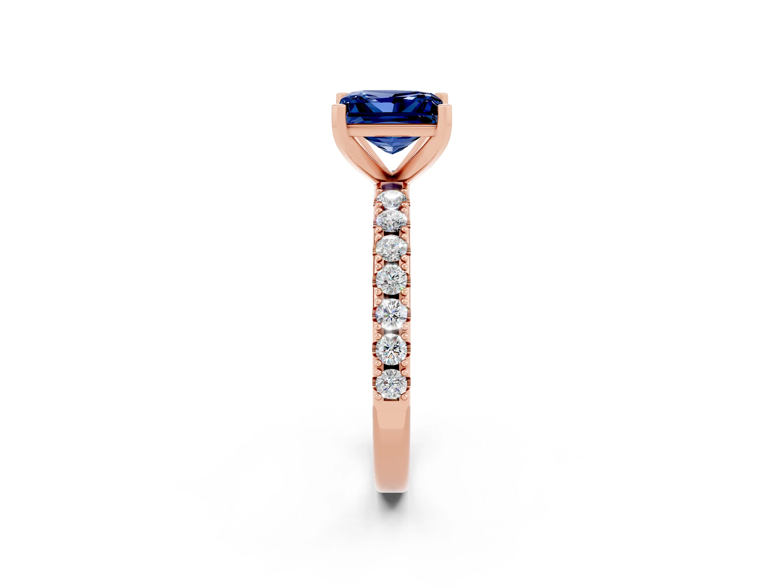 Rose gold Princess Cut Blue Sapphire Solitaire Pavé Band with Four-Prong Setting_2