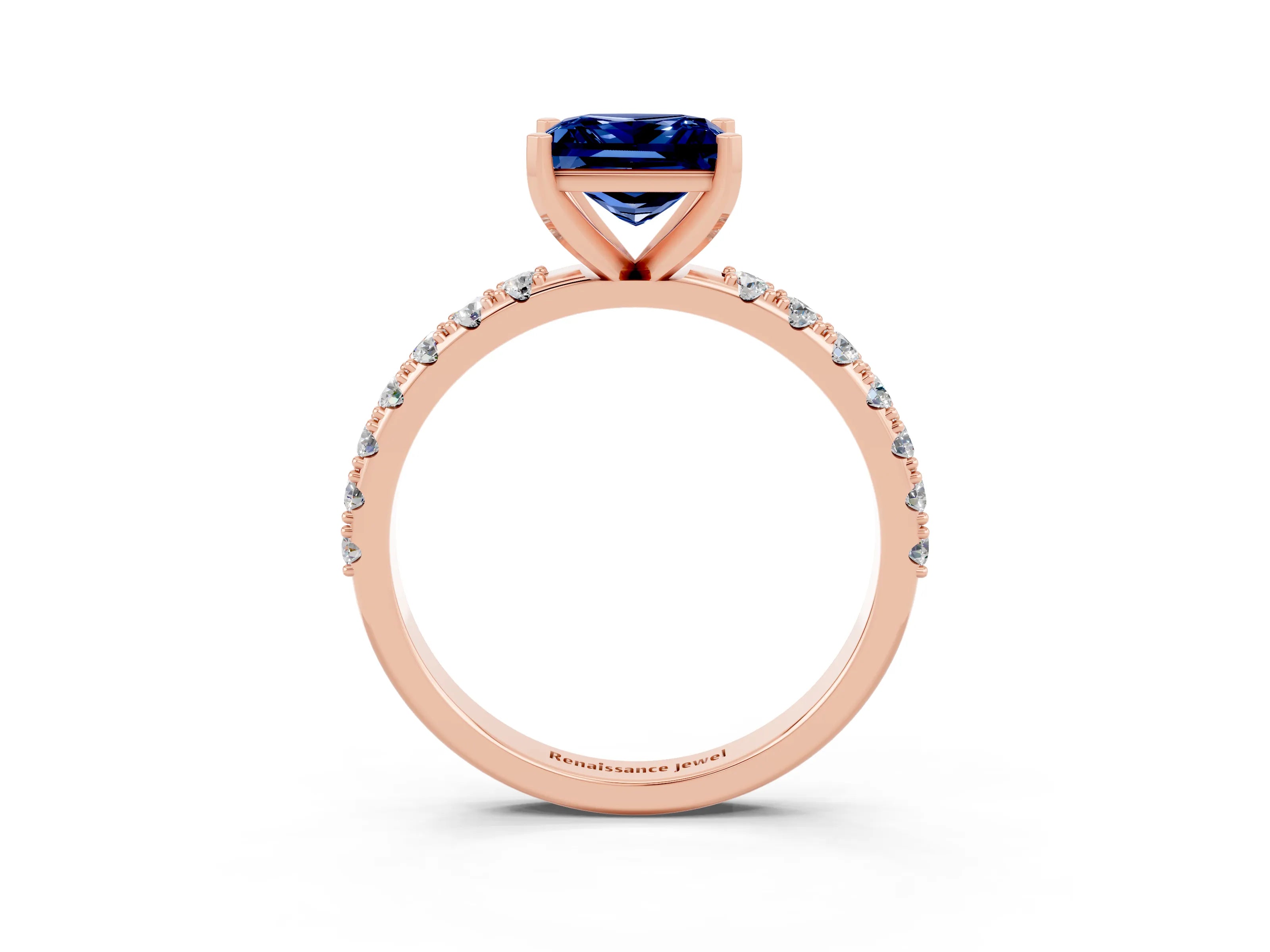 Rose gold Princess Cut Blue Sapphire Solitaire Pavé Band with Four-Prong Setting_3