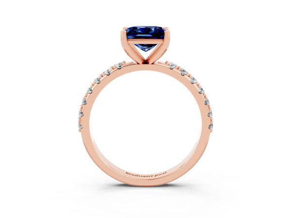 Rose gold Princess Cut Blue Sapphire Solitaire Pavé Band with Four-Prong Setting