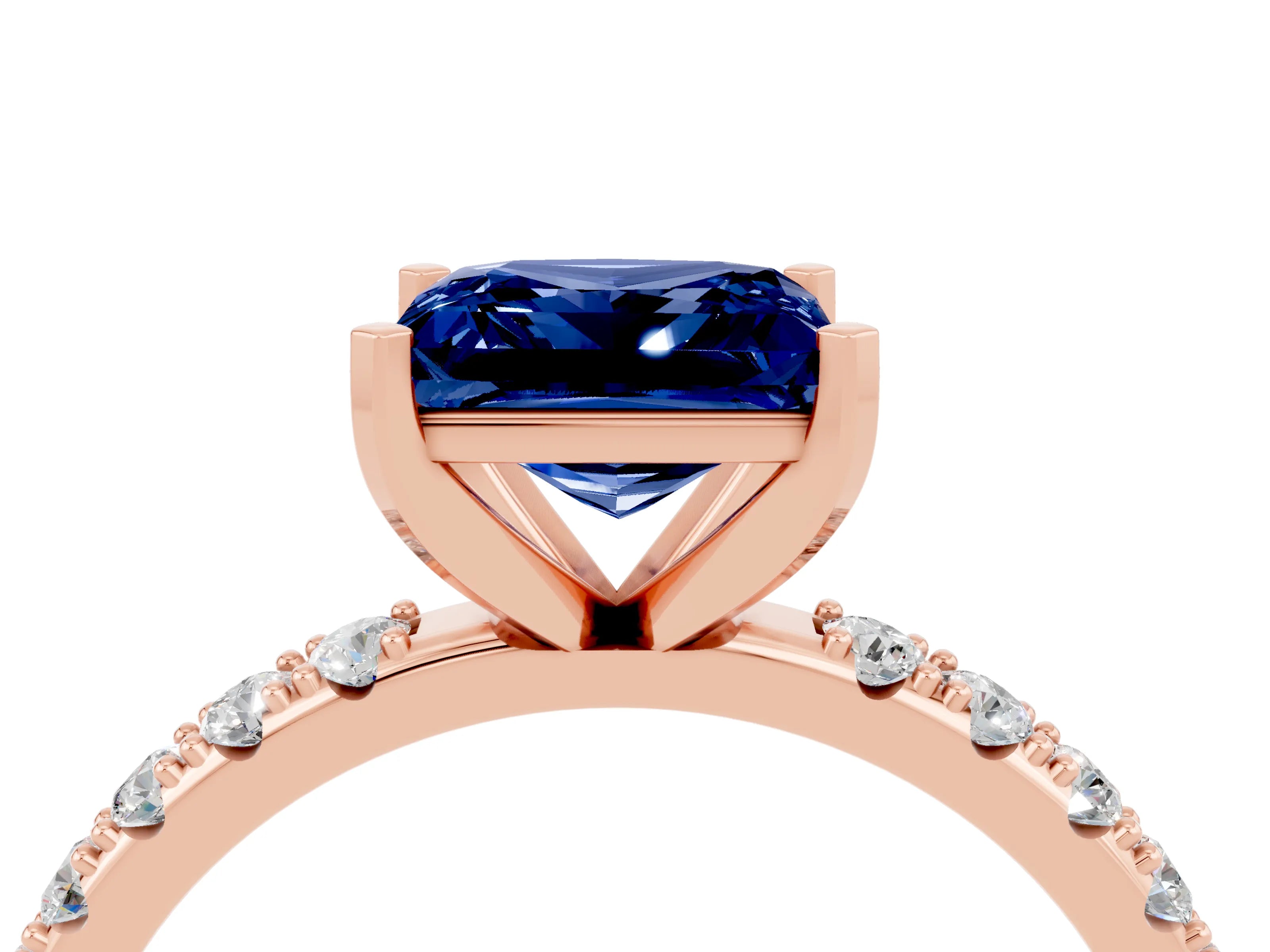 Rose gold Princess Cut Blue Sapphire Solitaire Pavé Band with Four-Prong Setting_4