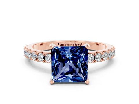Rose gold Princess Cut Blue Sapphire Solitaire Pavé Band with Four-Prong Setting