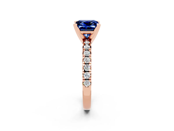 Rose gold Princess Cut Blue Sapphire Solitaire Pavé Engagement Ring with Round Band and Prong Setting