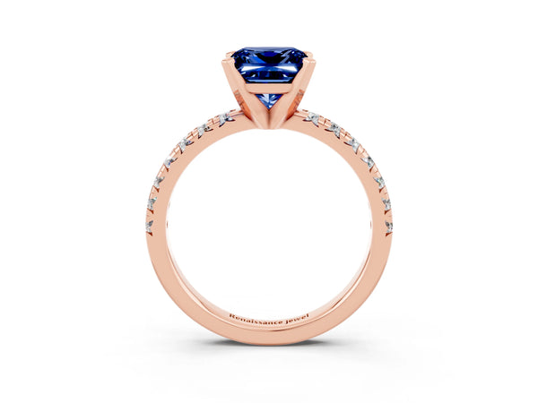 Rose gold Princess Cut Blue Sapphire Solitaire Pavé Engagement Ring with Round Band and Prong Setting