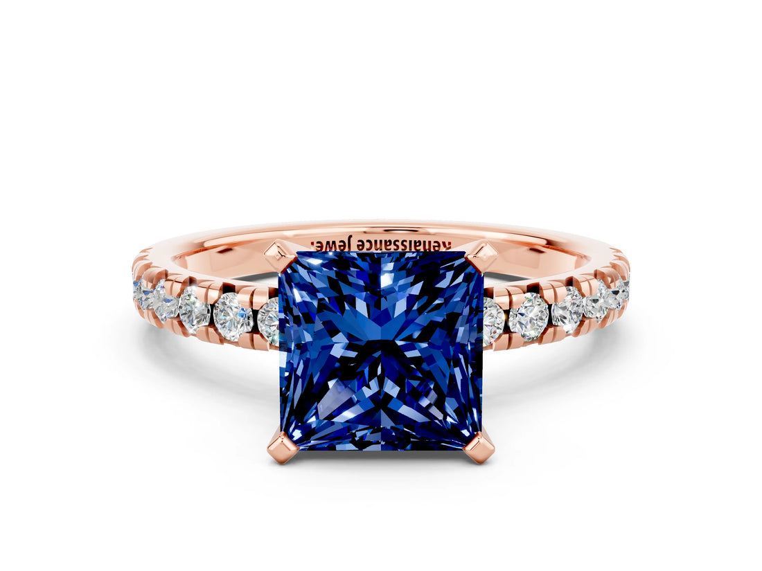 Rose gold Princess Cut Blue Sapphire Solitaire Pavé Engagement Ring with Round Band and Prong Setting_72