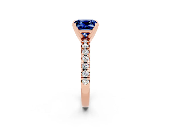 Rose gold Princess Cut Blue Sapphire Solitaire Pavé Engagement Ring with Round Band and Prong Setting