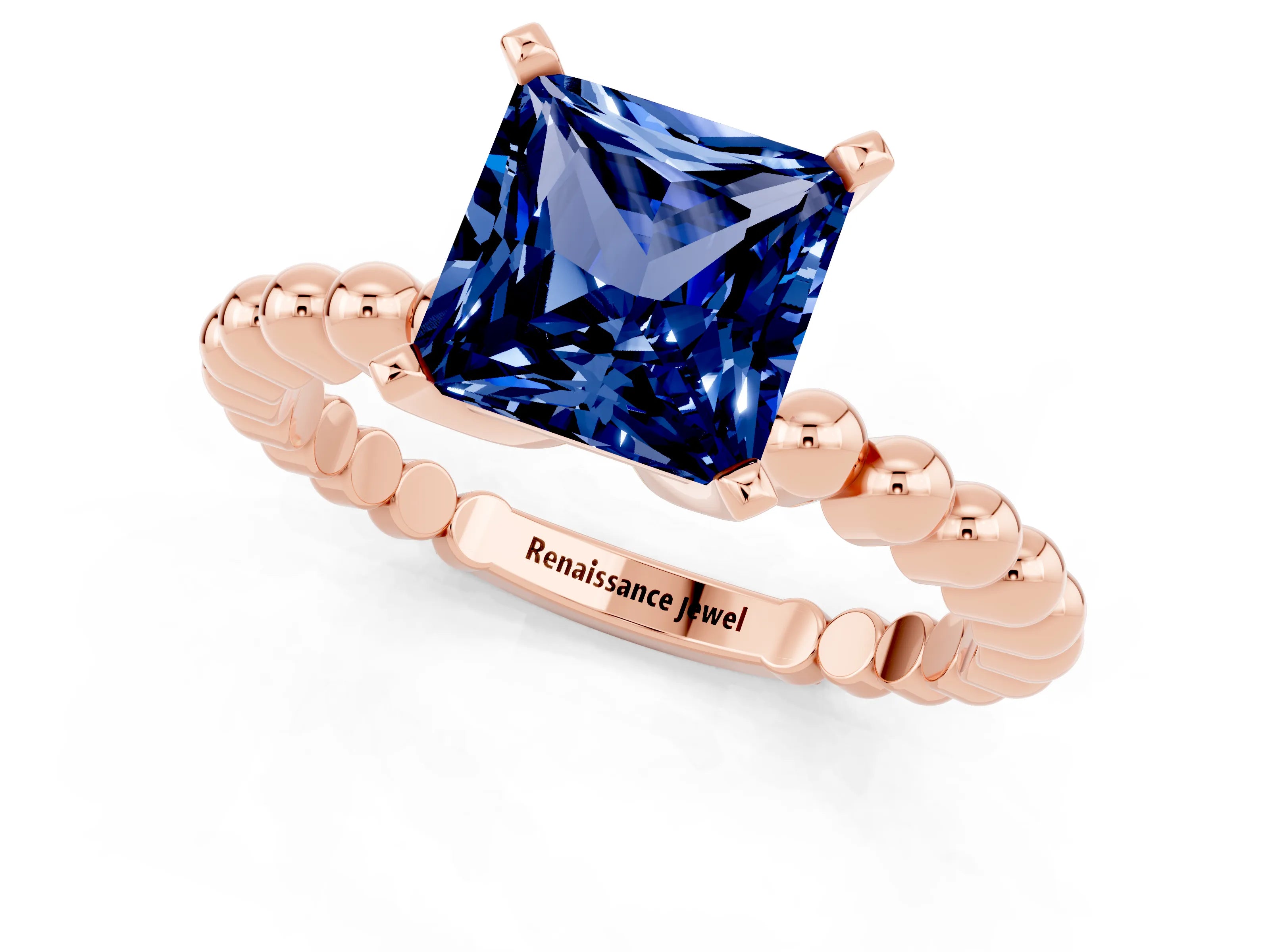 Rose gold Princess Cut Blue Sapphire Solitaire Ring with Beaded Band and Prong Setting_1