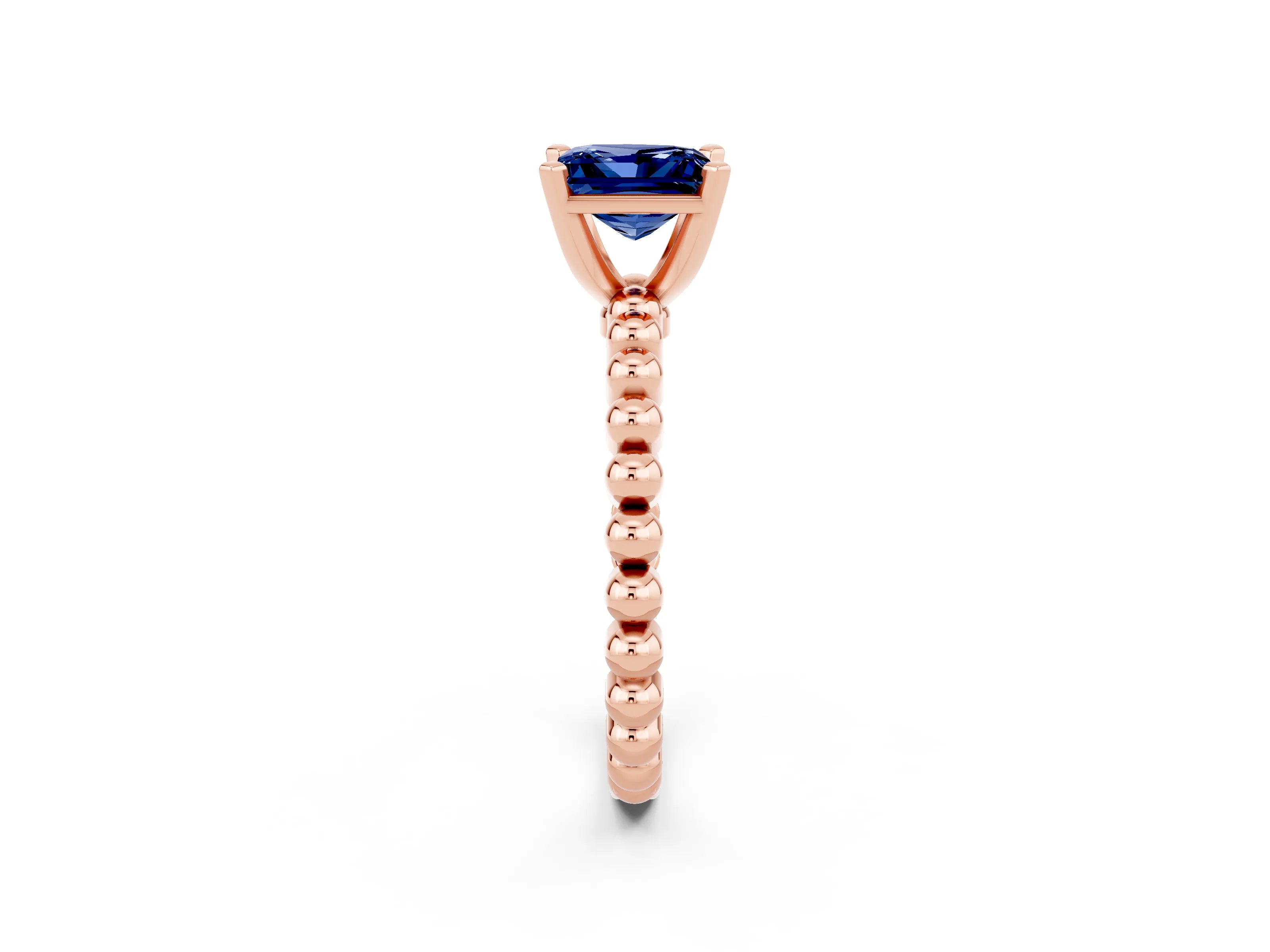 Rose gold Princess Cut Blue Sapphire Solitaire Ring with Beaded Band and Prong Setting_2