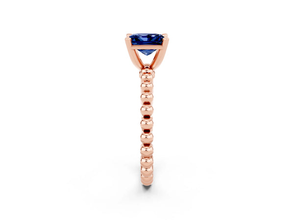Rose gold Princess Cut Blue Sapphire Solitaire Ring with Beaded Band and Prong Setting