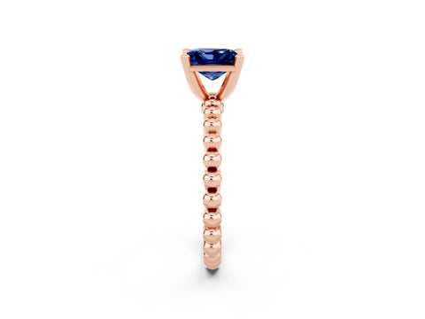 Rose gold Princess Cut Blue Sapphire Solitaire Ring with Beaded Band and Prong Setting_2