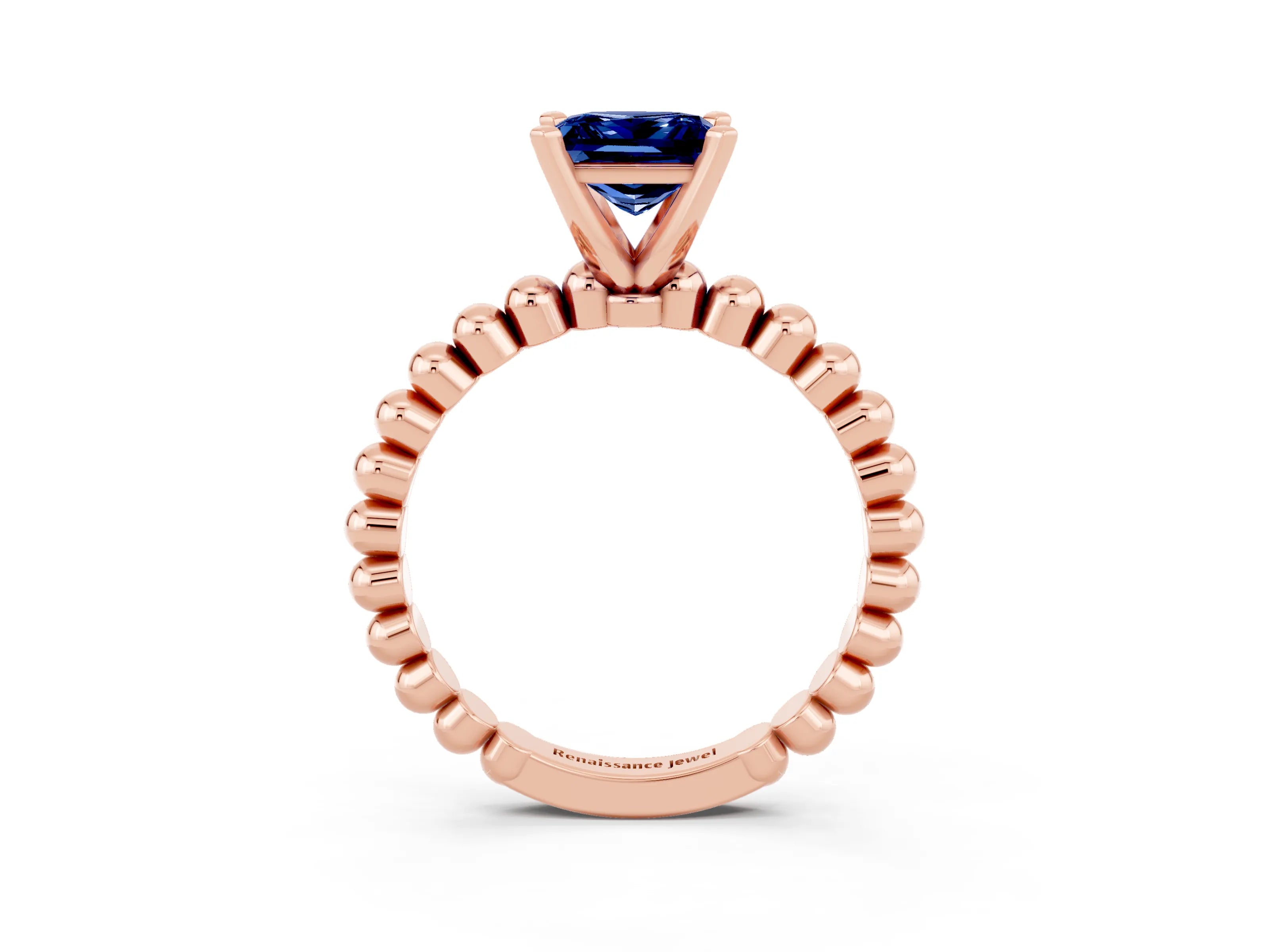 Rose gold Princess Cut Blue Sapphire Solitaire Ring with Beaded Band and Prong Setting_3