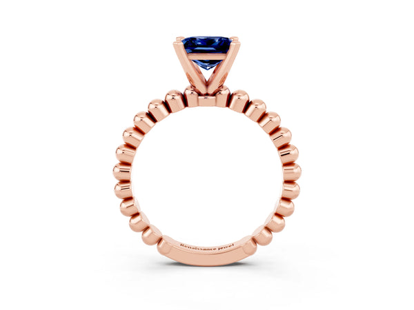 Rose gold Princess Cut Blue Sapphire Solitaire Ring with Beaded Band and Prong Setting