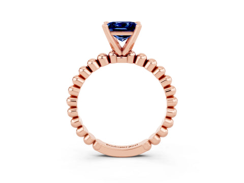 Rose gold Princess Cut Blue Sapphire Solitaire Ring with Beaded Band and Prong Setting_3