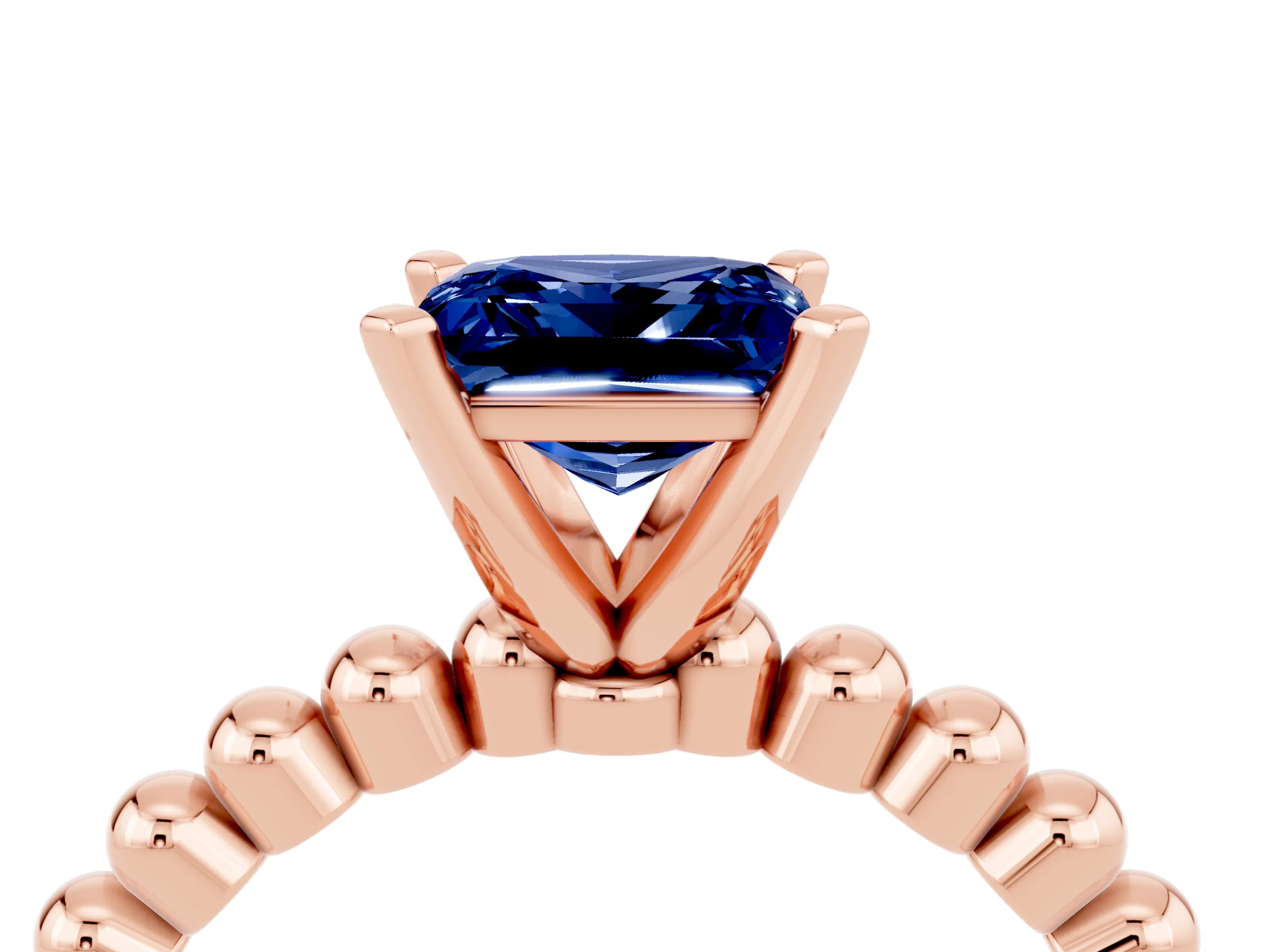 Rose gold Princess Cut Blue Sapphire Solitaire Ring with Beaded Band and Prong Setting_4