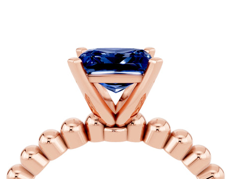 Rose gold Princess Cut Blue Sapphire Solitaire Ring with Beaded Band and Prong Setting_4