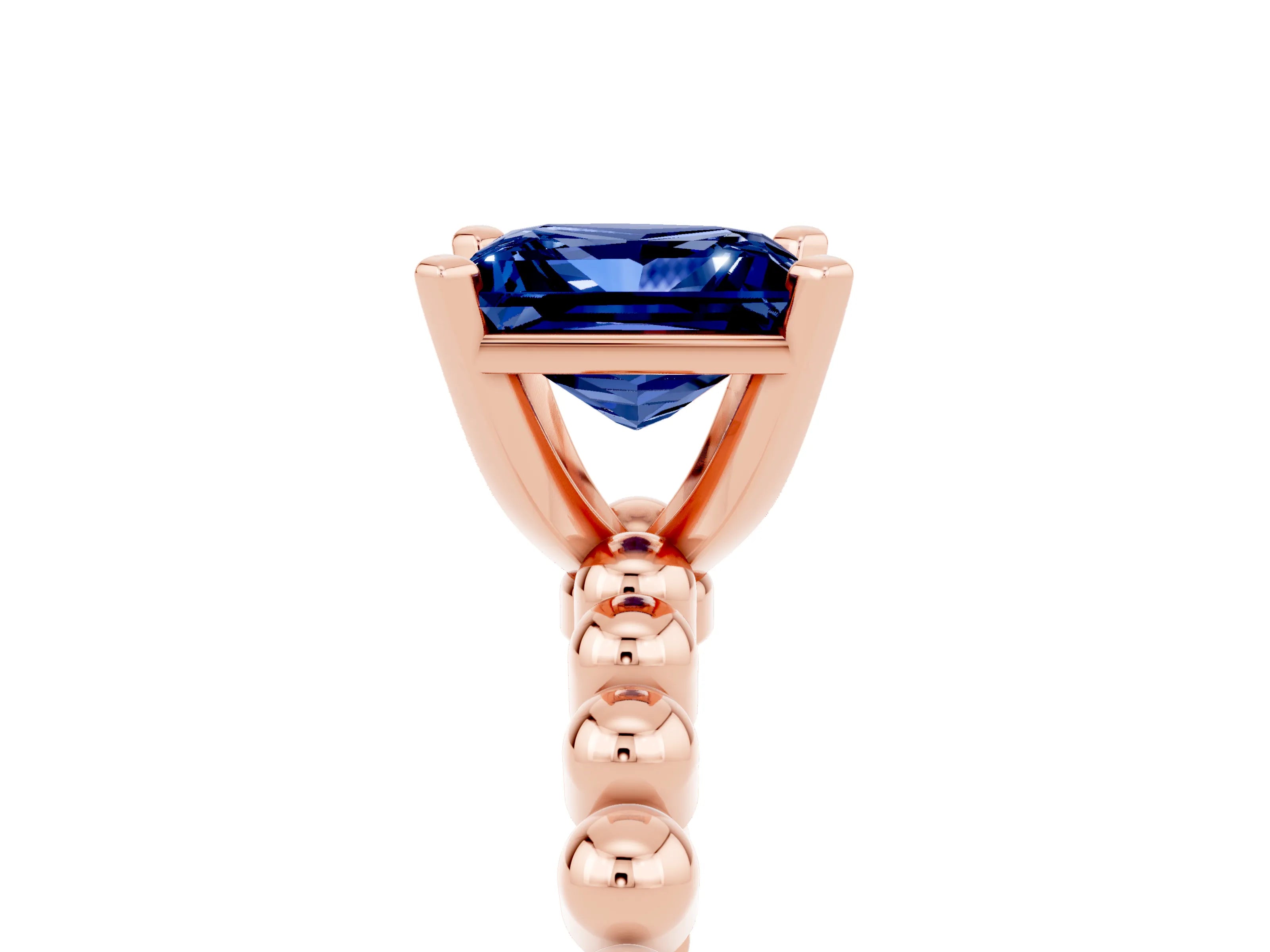 Rose gold Princess Cut Blue Sapphire Solitaire Ring with Beaded Band and Prong Setting_5