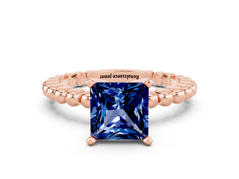 Rose gold Princess Cut Blue Sapphire Solitaire Ring with Beaded Band and Prong Setting