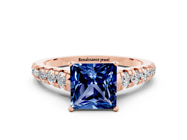 Rose gold Princess Cut Blue Sapphire Cathedral Solitaire Ring with Round  Pavé Band