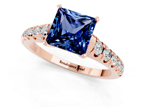 Rose gold Princess Cut Blue Sapphire Solitaire Ring with Cathedral Setting and Pavé Band_1