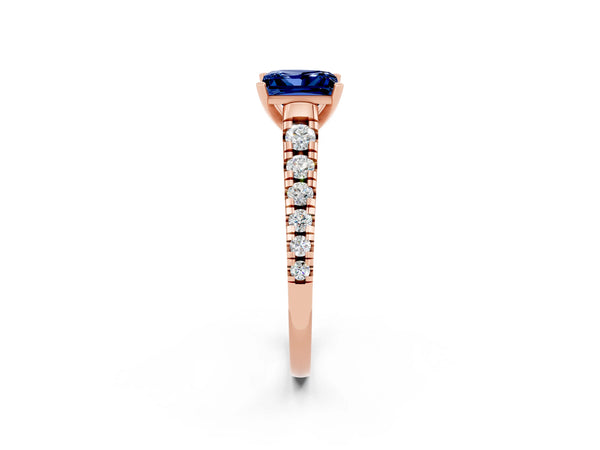 Rose gold Princess Cut Blue Sapphire Cathedral Solitaire Ring with Round  Pavé Band
