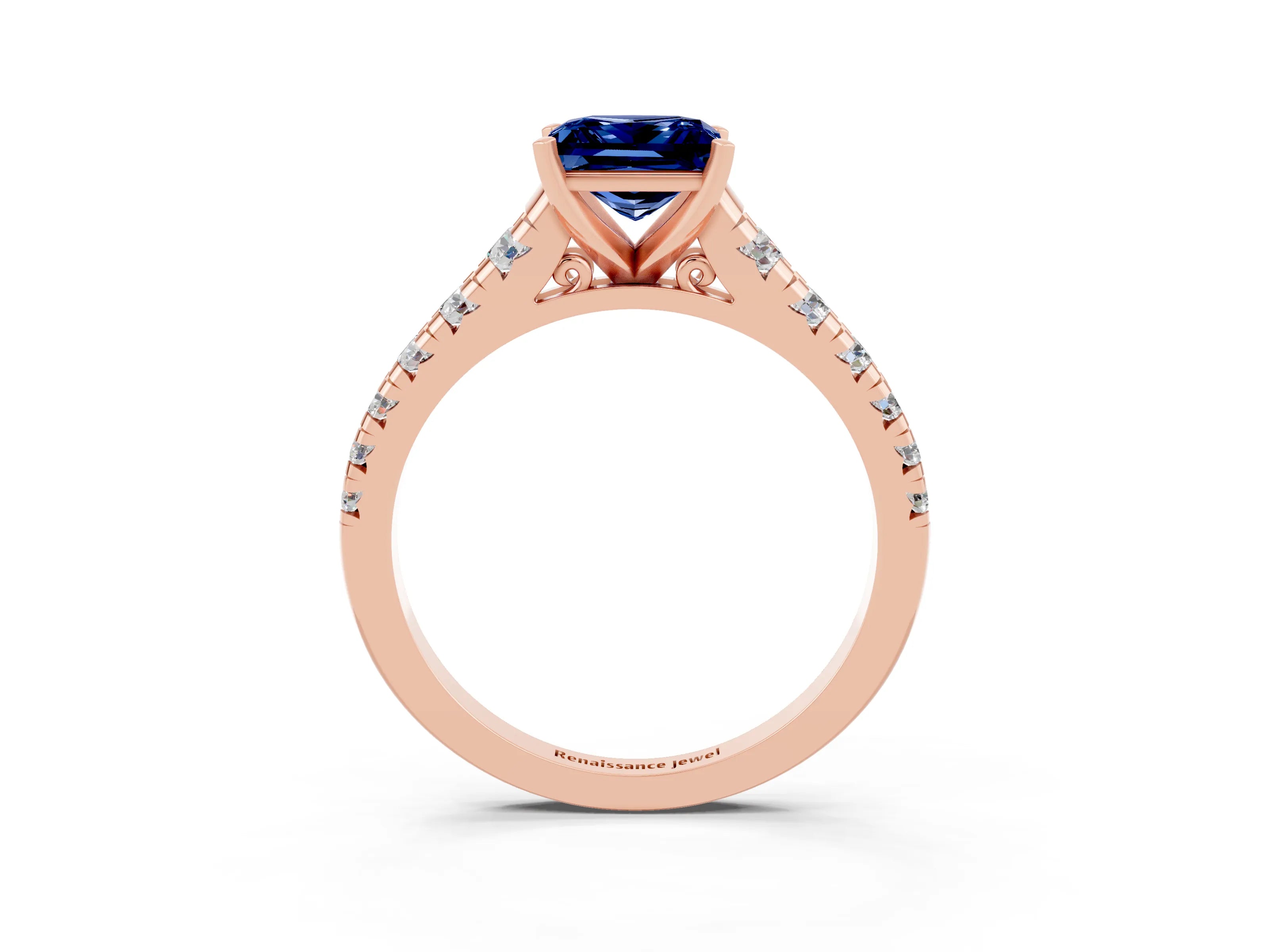 Rose gold Princess Cut Blue Sapphire Solitaire Ring with Cathedral Setting and Pavé Band_3