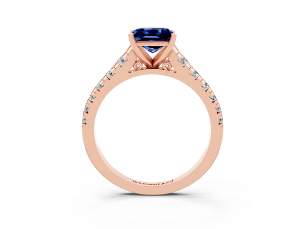 Rose gold Princess Cut Blue Sapphire Cathedral Solitaire Ring with Round  Pavé Band