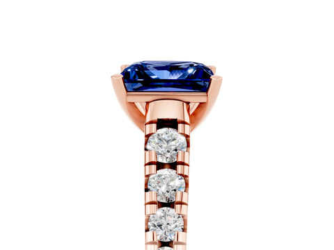 Rose gold Princess Cut Blue Sapphire Solitaire Ring with Cathedral Setting and Pavé Band_5