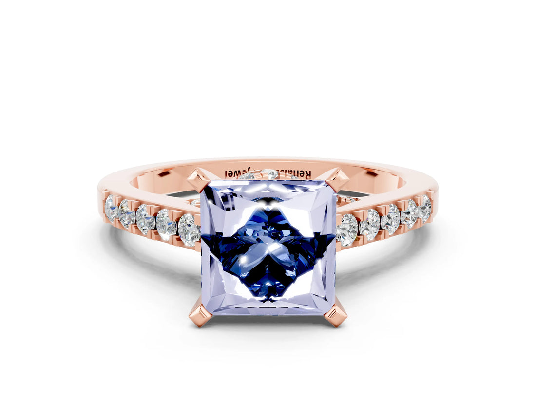 Rose gold Princess Cut Blue Sapphire Solitaire Ring with Crossover Gallery and Round  Pavé Band_12