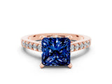 Rose gold Princess Cut Blue Sapphire Solitaire Ring with Crossover Gallery and Round  Pavé Band_36