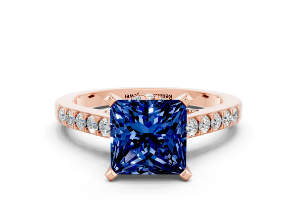 Rose gold Princess Cut Blue Sapphire Solitaire Ring with Crossover Gallery and Round  Pavé Band