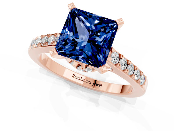Rose gold Princess Cut Blue Sapphire Solitaire Ring with Crossover Gallery and Round  Pavé Band