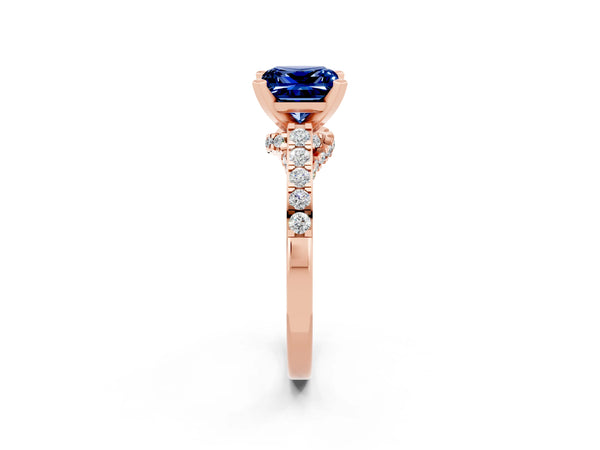 Rose gold Princess Cut Blue Sapphire Solitaire Ring with Crossover Gallery and Round  Pavé Band