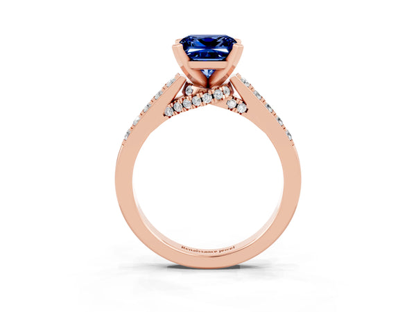Rose gold Princess Cut Blue Sapphire Solitaire Ring with Crossover Gallery and Round  Pavé Band