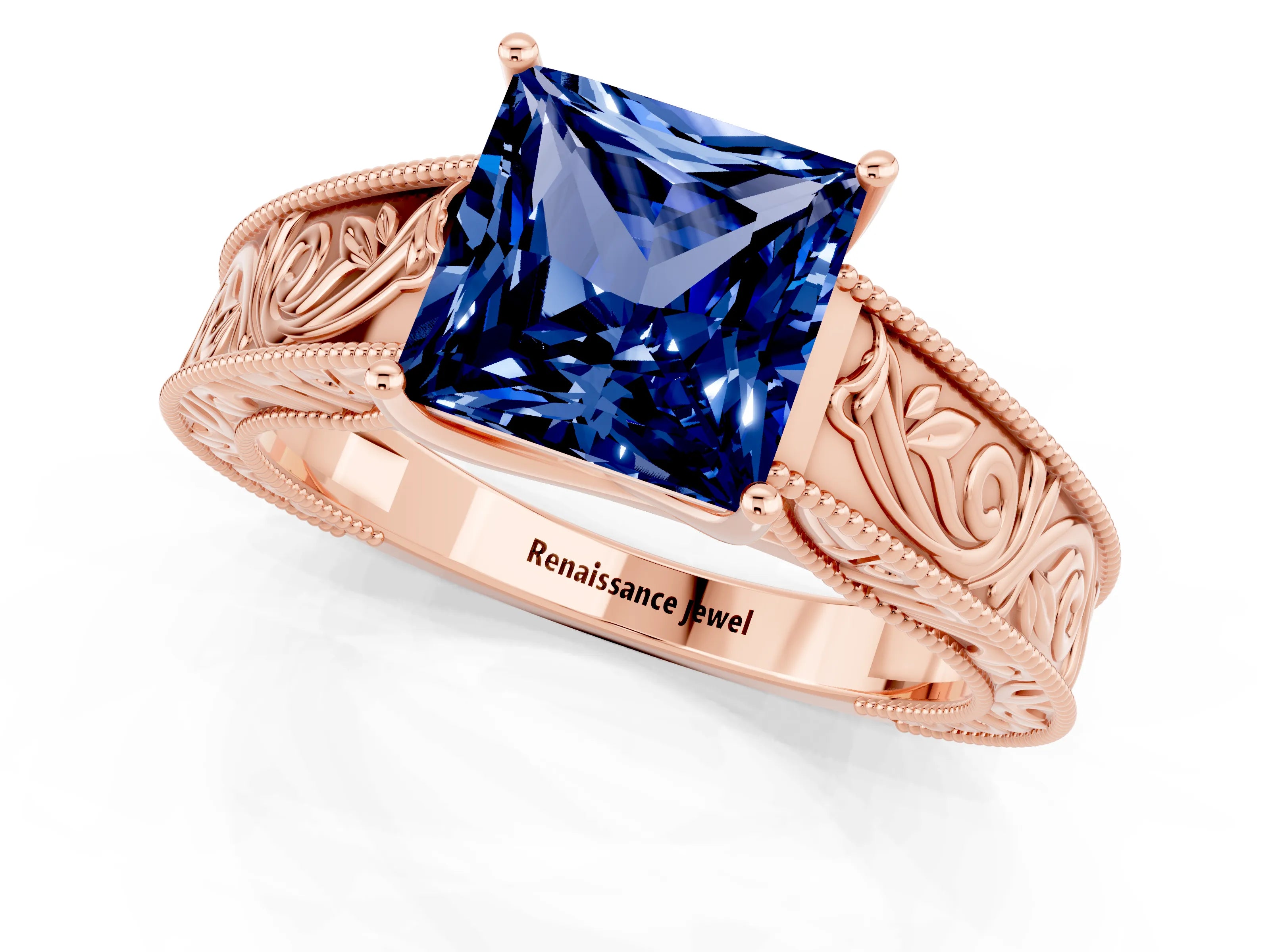 Rose gold Princess Cut Blue Sapphire Solitaire Ring with Engraved Band and Four-Prong Setting_1