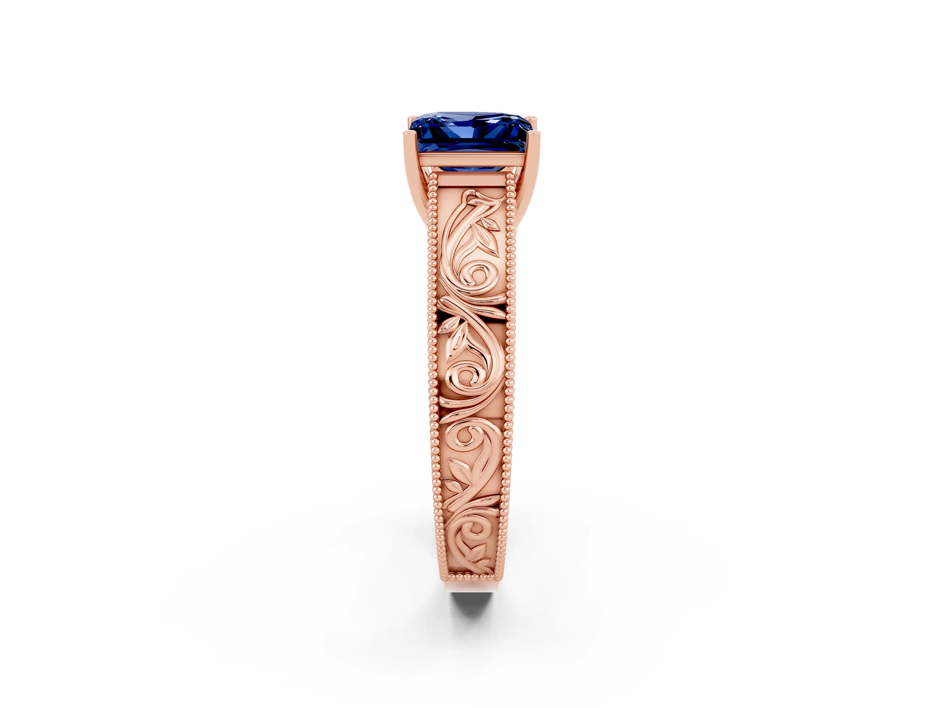 Rose gold Princess Cut Blue Sapphire Solitaire Ring with Engraved Band and Four-Prong Setting_2