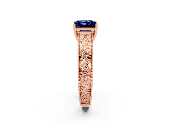 Rose gold Princess Cut Blue Sapphire Solitaire Ring with Engraved Band and Four-Prong Setting