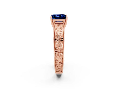 Rose gold Princess Cut Blue Sapphire Solitaire Ring with Engraved Band and Four-Prong Setting_2