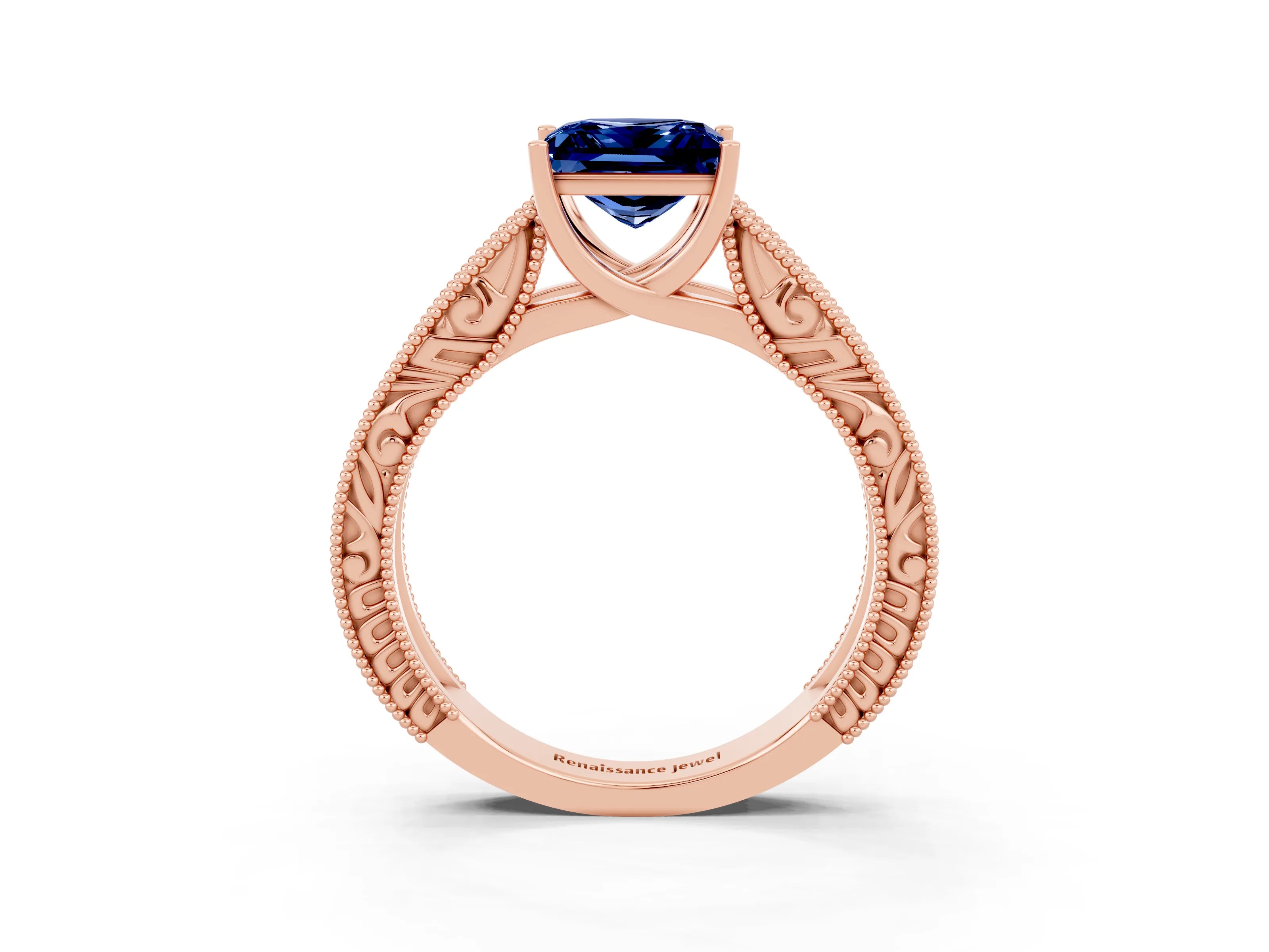 Rose gold Princess Cut Blue Sapphire Solitaire Ring with Engraved Band and Four-Prong Setting_3