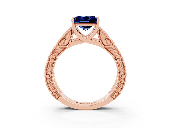 Rose gold Princess Cut Blue Sapphire Solitaire Ring with Engraved Band and Four-Prong Setting