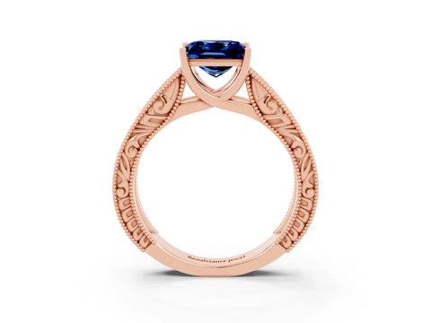 Rose gold Princess Cut Blue Sapphire Solitaire Ring with Engraved Band and Four-Prong Setting_3
